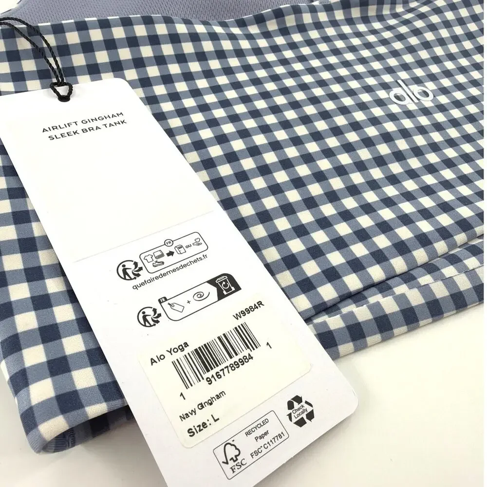 Alo Yoga Airlift Gingham Sleek Bra Tank Navy Size L